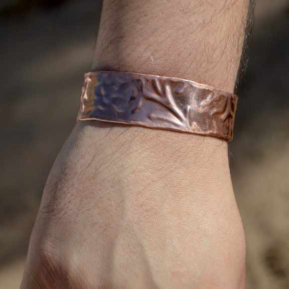 Mens Copper Embossed Cuff Bracelet Floral Cowboy - Picture 5 of 7
